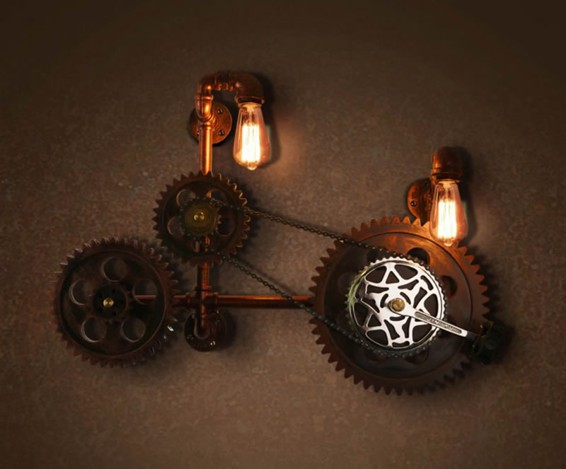 Vintage Industrial Gear and Pipe Bicycle Wall Decor Lamp